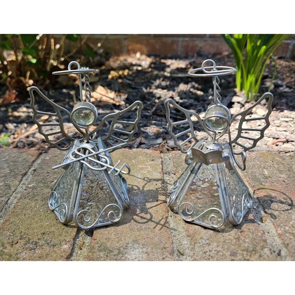 Vintage Clear Stained Glass Hanging Angel Ornaments, Playing Violin & Singing